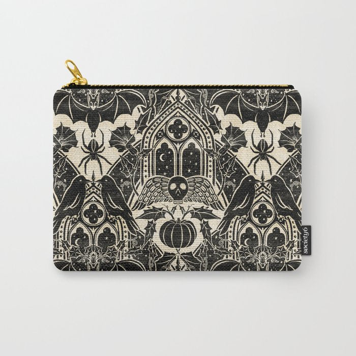 Gothic Halloween Damask - black and cream Carry All Pouch Gallery Image 1