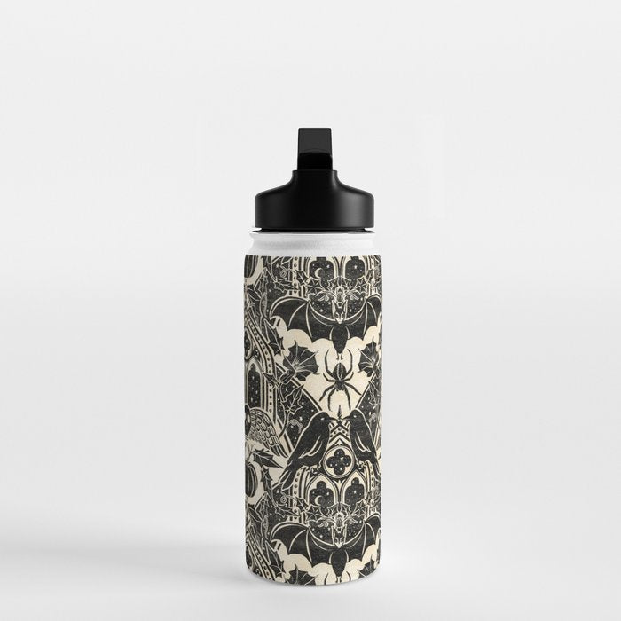 Gothic Halloween Damask - black and cream Water Bottle Gallery Image 3