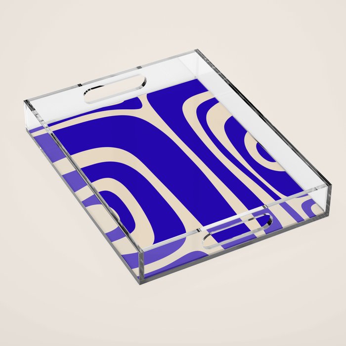 Abstract Minimalist Mid Century Modern Tiki Pattern in Cobalt Blue and Beige Acrylic Tray Gallery Image 1
