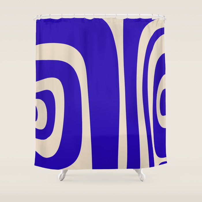Abstract Minimalist Mid Century Modern Tiki Pattern in Cobalt Blue and Beige Shower Curtain Gallery Image 1
