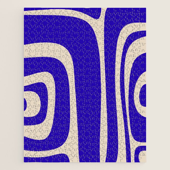 Abstract Minimalist Mid Century Modern Tiki Pattern in Cobalt Blue and Beige Jigsaw Puzzle Gallery Image 1