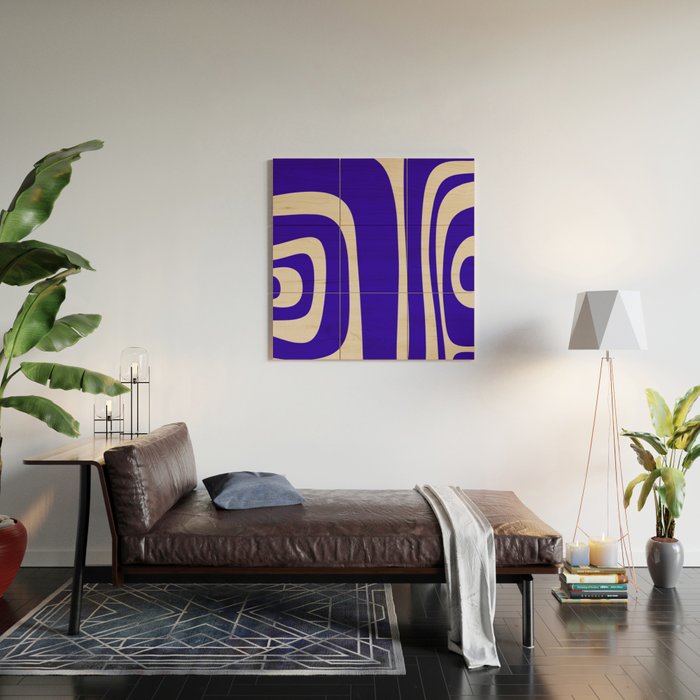 Abstract Minimalist Mid Century Modern Tiki Pattern in Cobalt Blue and Beige Wood Wall Art Gallery Image 2