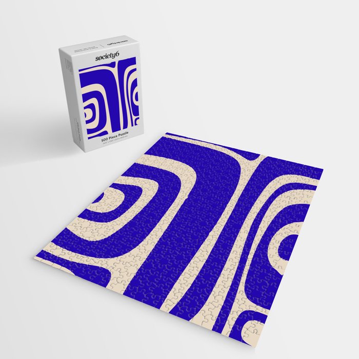 Abstract Minimalist Mid Century Modern Tiki Pattern in Cobalt Blue and Beige Jigsaw Puzzle Gallery Image 2