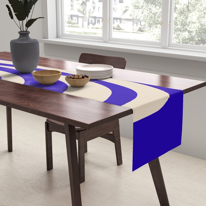 Abstract Minimalist Mid Century Modern Tiki Pattern in Cobalt Blue and Beige Table Runner Gallery Image 2