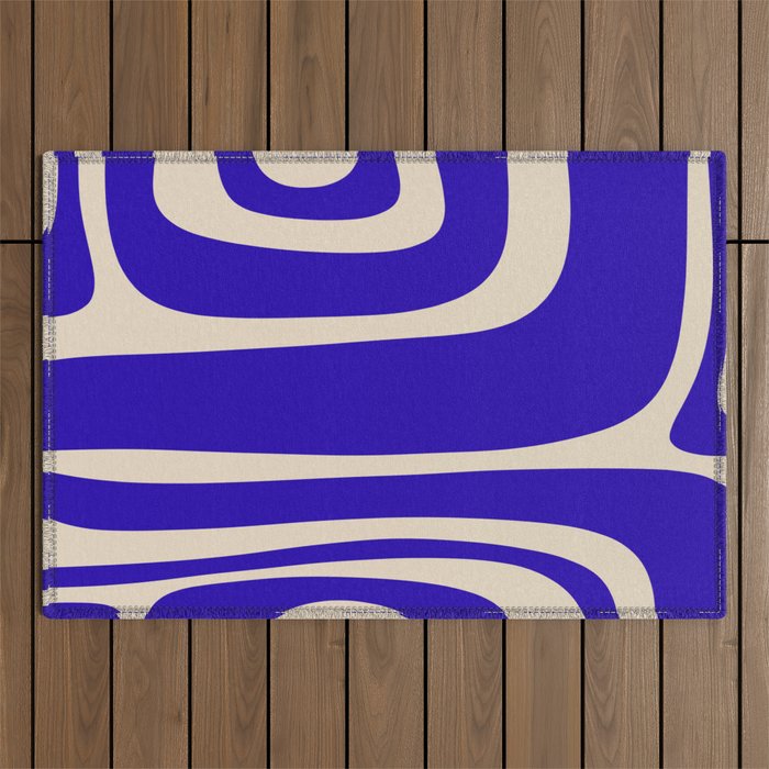 Abstract Minimalist Mid Century Modern Tiki Pattern in Cobalt Blue and Beige Outdoor Rug Gallery Image 1