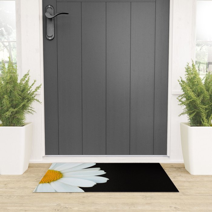 Hello Daisy - White Flower Black Background #decor #society6 #buyart Welcome Mat Gallery Image 3