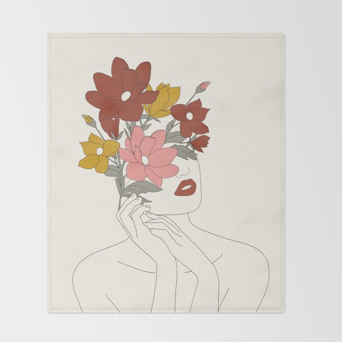 Colorful Thoughts Minimal Line Art Woman with Magnolia Throw Blanket Gallery Image 2