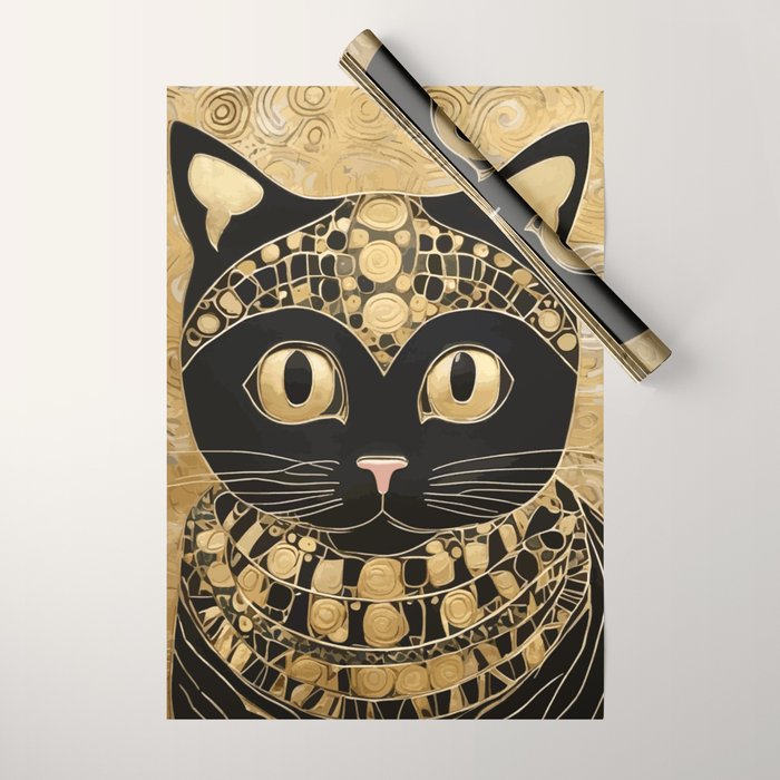 Black and Gold Klimt Cat in Egyptian Costume Wrapping Paper Gallery Image 1