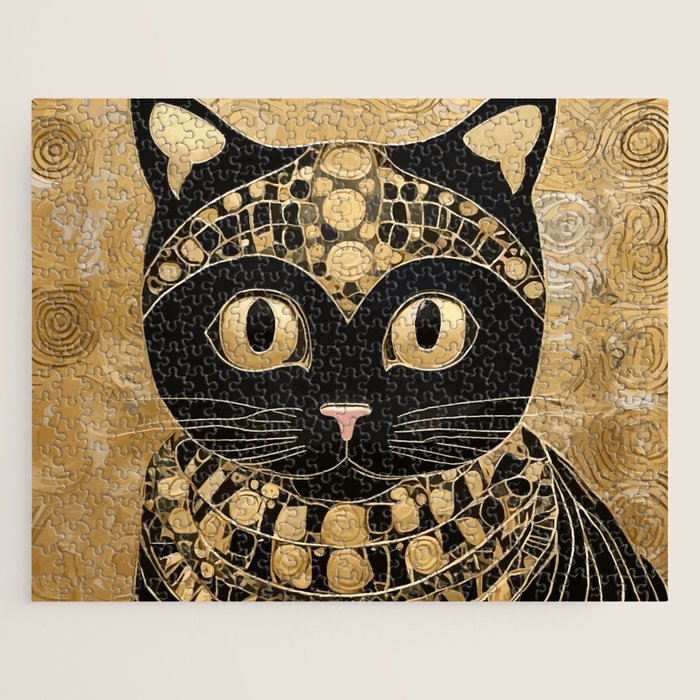 Black and Gold Klimt Cat in Egyptian Costume Jigsaw Puzzle Gallery Image 1