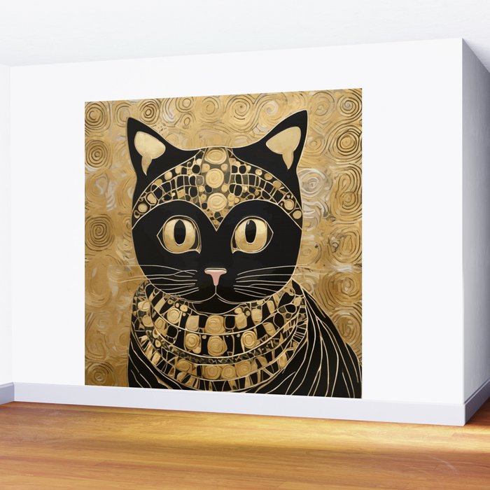 Black and Gold Klimt Cat in Egyptian Costume Wall Mural Gallery Image 2
