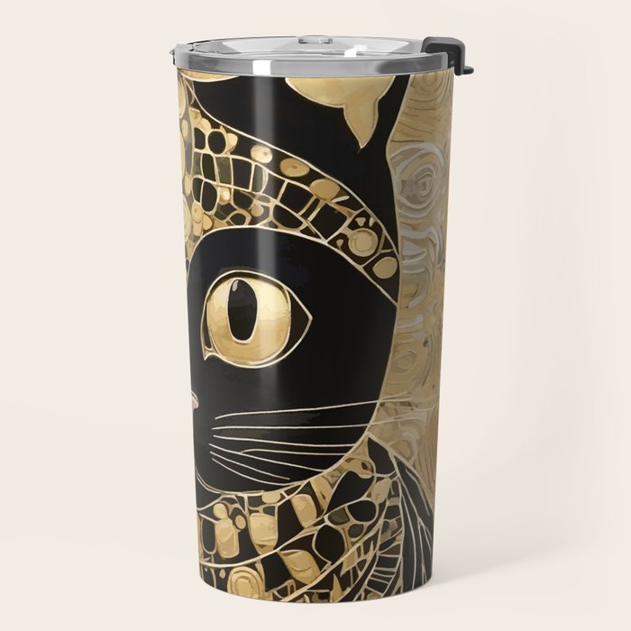 Black and Gold Klimt Cat in Egyptian Costume Travel Mug Gallery Image 2
