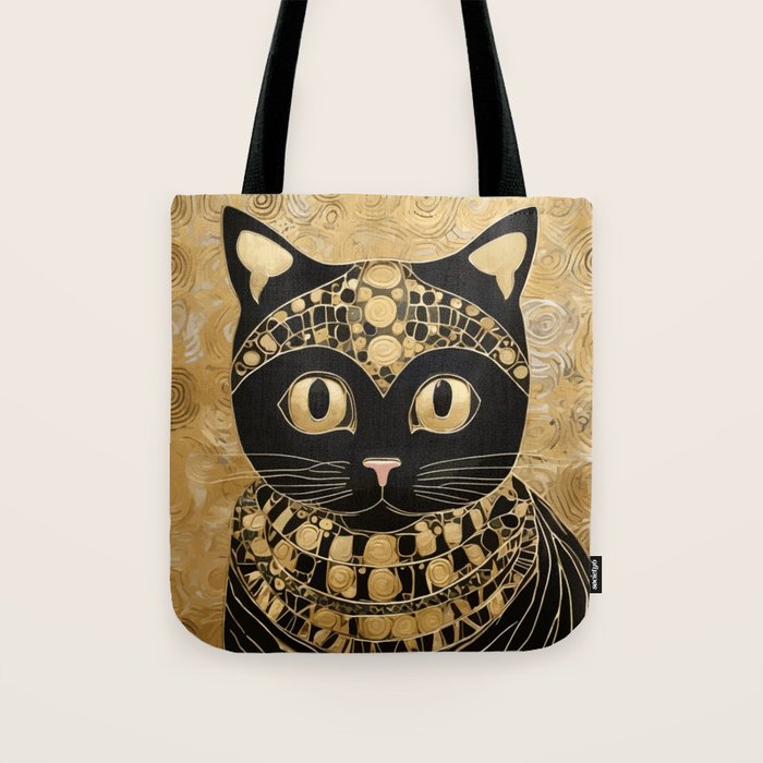 Black and Gold Klimt Cat in Egyptian Costume Tote Bag Gallery Image 1