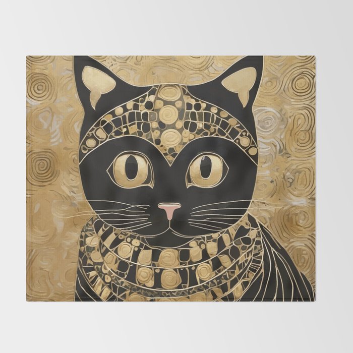 Black and Gold Klimt Cat in Egyptian Costume Throw Blanket Gallery Image 2
