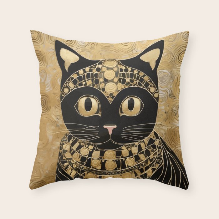 Black and Gold Klimt Cat in Egyptian Costume Throw Pillow Gallery Image 6