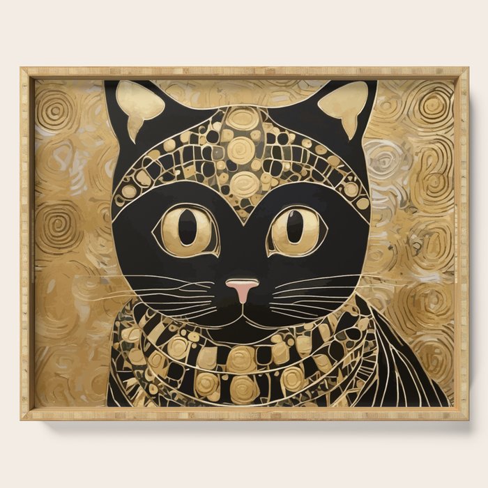 Black And Gold Klimt Cat In Egyptian Costume Serving Tray Gallery Image 1