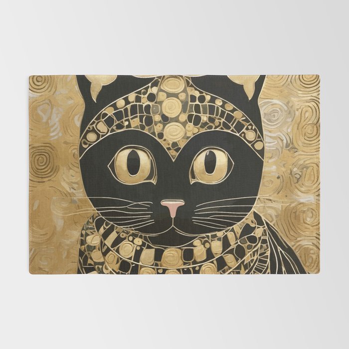 Black and Gold Klimt Cat in Egyptian Costume Rug Gallery Image 2