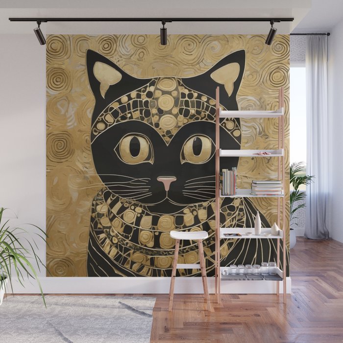 Black and Gold Klimt Cat in Egyptian Costume Wall Mural Gallery Image 1