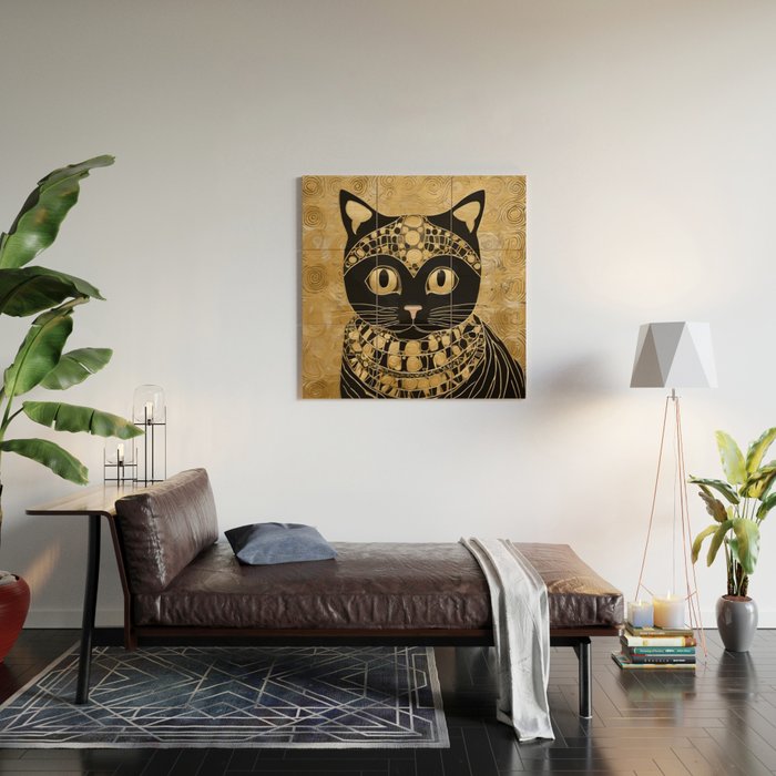 Black and Gold Klimt Cat in Egyptian Costume Wood Wall Art Gallery Image 2