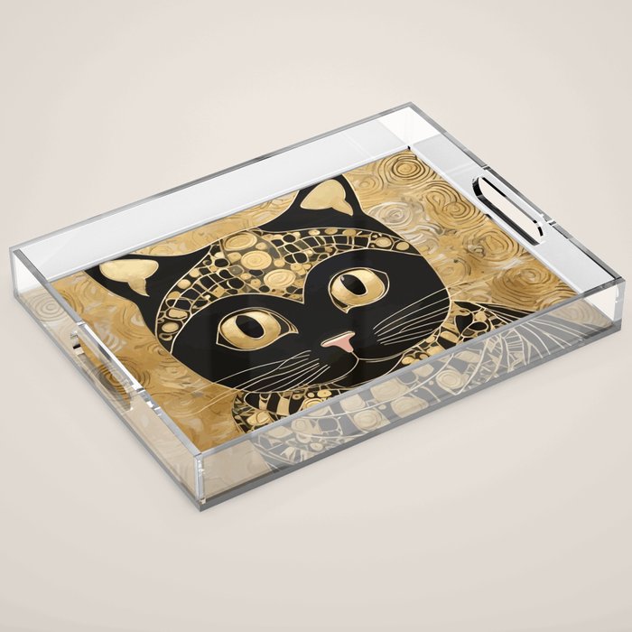 Black and Gold Klimt Cat in Egyptian Costume Acrylic Tray Gallery Image 1