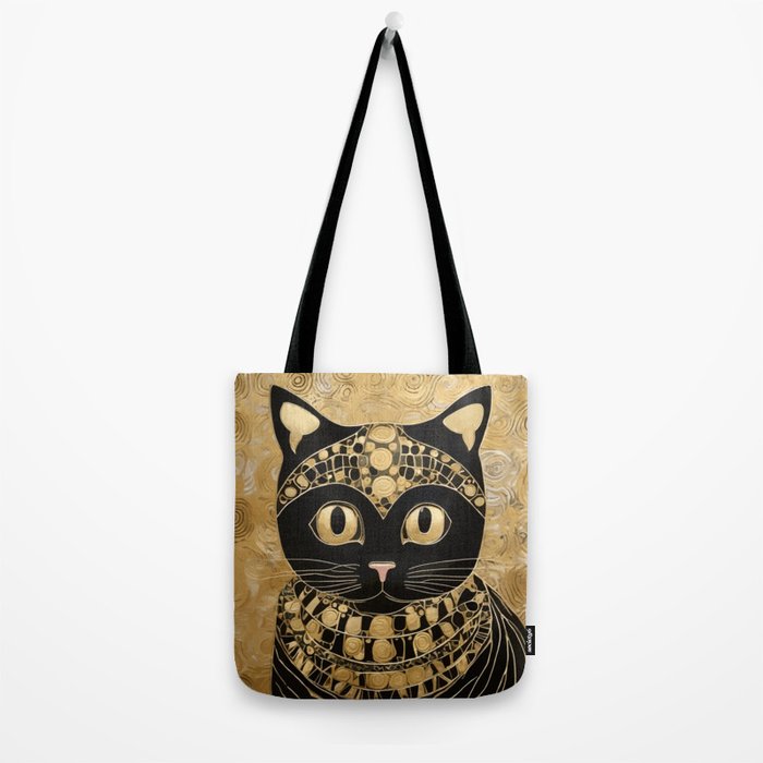 Black and Gold Klimt Cat in Egyptian Costume Tote Bag Gallery Image 2
