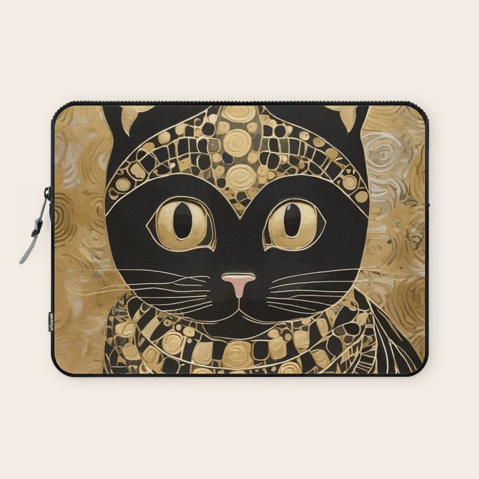 Black and Gold Klimt Cat in Egyptian Costume Laptop Sleeve Gallery Image 1