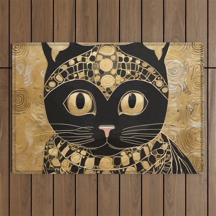Black and Gold Klimt Cat in Egyptian Costume Outdoor Rug Gallery Image 1
