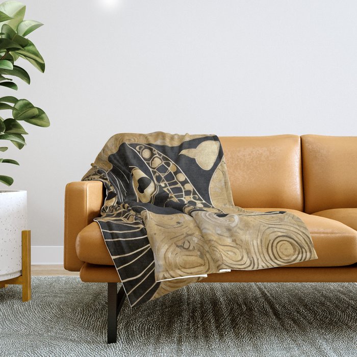 Black and Gold Klimt Cat in Egyptian Costume Throw Blanket Gallery Image 1