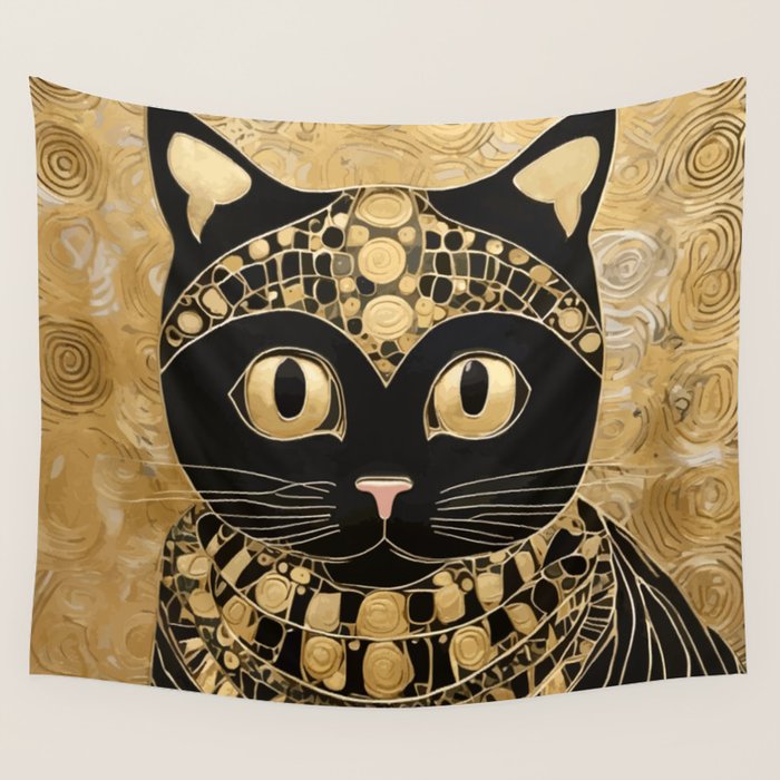 Black and Gold Klimt Cat in Egyptian Costume Wall Tapestry Gallery Image 4