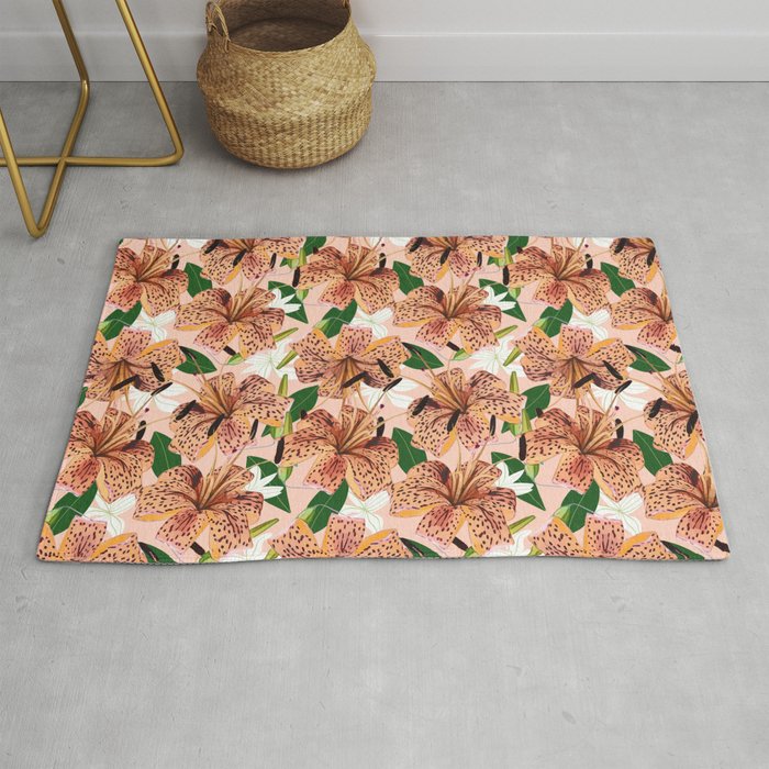 Tiger Lillies, Tropical Blush Botanical Illustration, Polka Dots Nature Vibrant Floral Jungle Rug Gallery Image 1