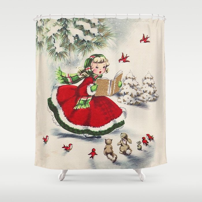 Vintage Christmas Girl Shower Curtain Gallery Image 1