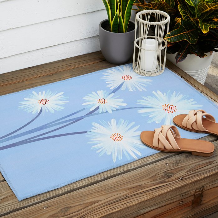 Winter Floral Still Life in Ice Blue Outdoor Rug Gallery Image 2