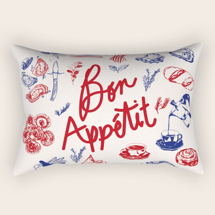 Bon Appetit Seafood and French Bread Handdrawn Gourmet Food Illustration Rectangular Pillow Gallery Image 1