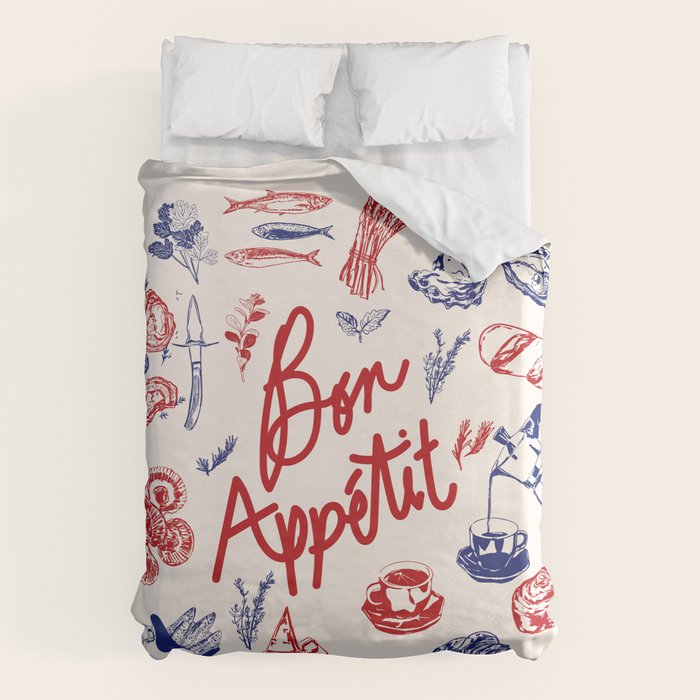 Bon Appetit Seafood and French Bread Handdrawn Gourmet Food Illustration Duvet Cover Gallery Image 6