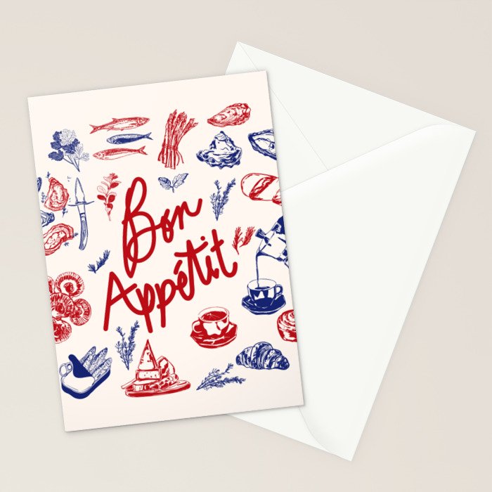 Bon Appetit Seafood and French Bread Handdrawn Gourmet Food Illustration Stationery Card Gallery Image 2