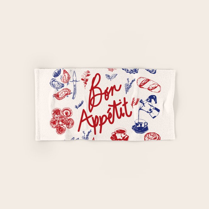 Bon Appetit Seafood and French Bread Handdrawn Gourmet Food Illustration Bath Towel Gallery Image 1