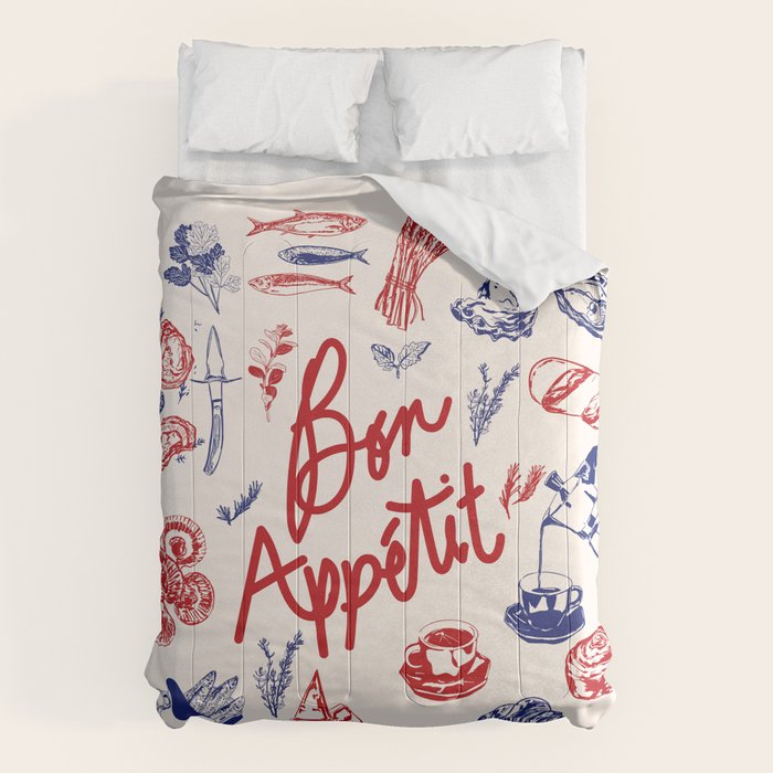 Bon Appetit Seafood and French Bread Handdrawn Gourmet Food Illustration Comforter Gallery Image 6
