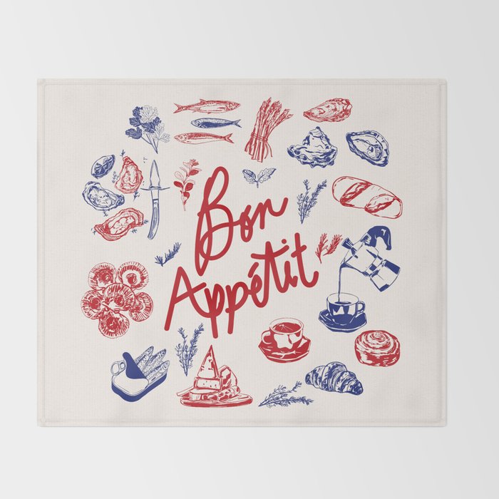 Bon Appetit Seafood and French Bread Handdrawn Gourmet Food Illustration Throw Blanket Gallery Image 2