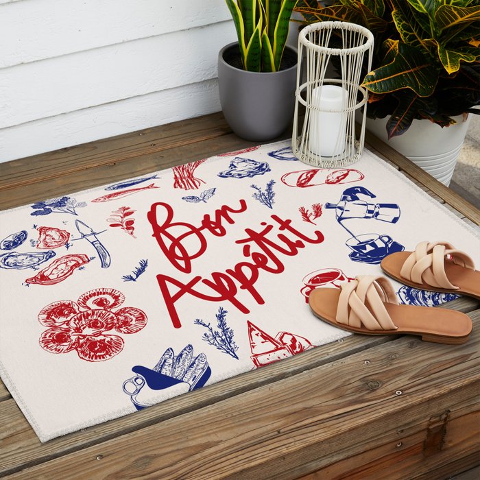 Bon Appetit Seafood and French Bread Handdrawn Gourmet Food Illustration Outdoor Rug Gallery Image 2