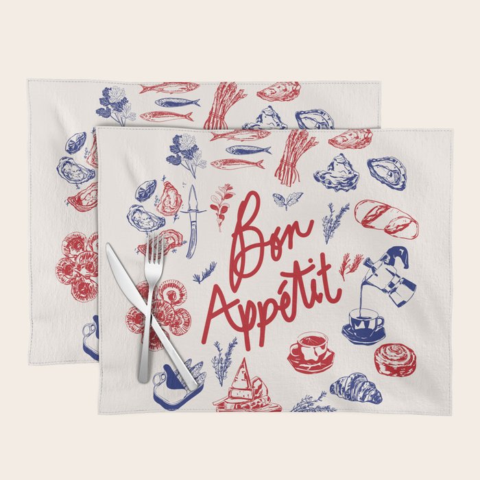 Bon Appetit Seafood and French Bread Handdrawn Gourmet Food Illustration Placemat Gallery Image 1
