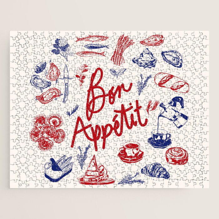 Bon Appetit Seafood and French Bread Handdrawn Gourmet Food Illustration Jigsaw Puzzle Gallery Image 1
