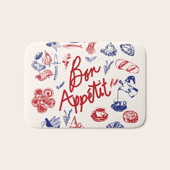 Bon Appetit Seafood and French Bread Handdrawn Gourmet Food Illustration Bath Mat Gallery Image 1