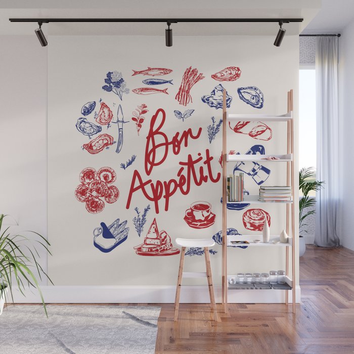 Bon Appetit Seafood and French Bread Handdrawn Gourmet Food Illustration Wall Mural Gallery Image 1
