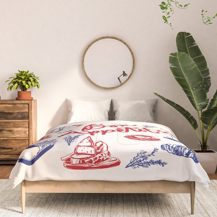 Bon Appetit Seafood and French Bread Handdrawn Gourmet Food Illustration Comforter Gallery Image 3