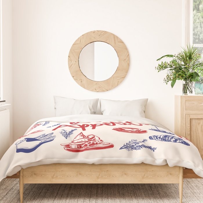 Bon Appetit Seafood and French Bread Handdrawn Gourmet Food Illustration Duvet Cover Gallery Image 3