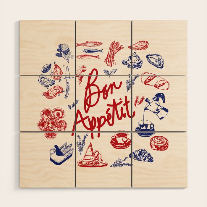 Bon Appetit Seafood and French Bread Handdrawn Gourmet Food Illustration Wood Wall Art Gallery Image 1
