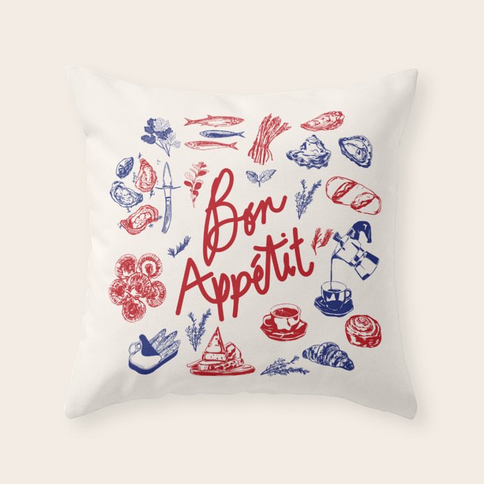 Bon Appetit Seafood and French Bread Handdrawn Gourmet Food Illustration Throw Pillow Gallery Image 1