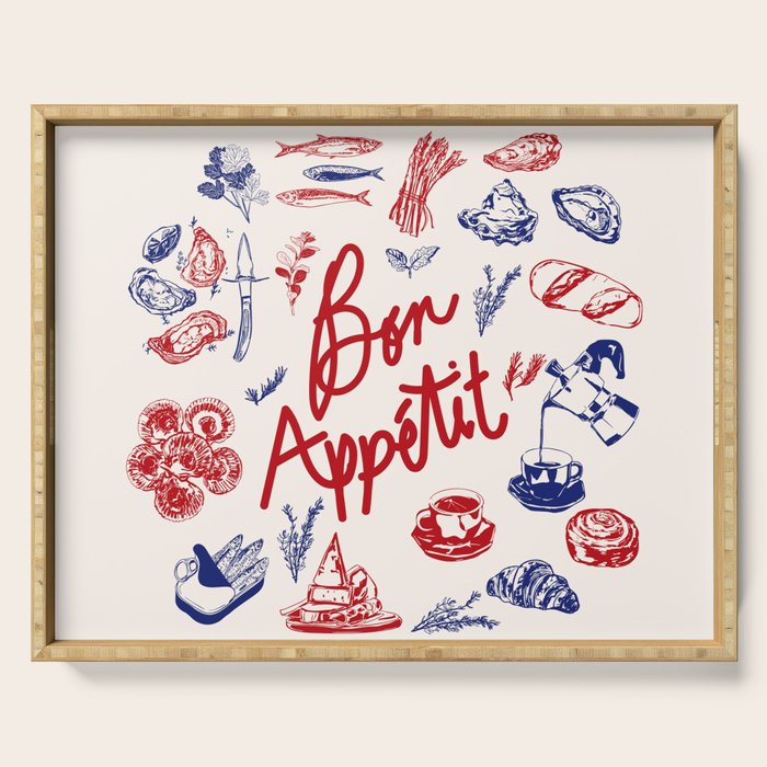 Bon Appetit Seafood and French Bread Handdrawn Gourmet Food Illustration Serving Tray Gallery Image 1
