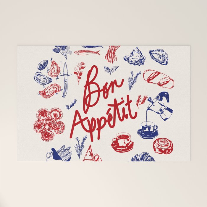 Bon Appetit Seafood and French Bread Handdrawn Gourmet Food Illustration Welcome Mat Gallery Image 1