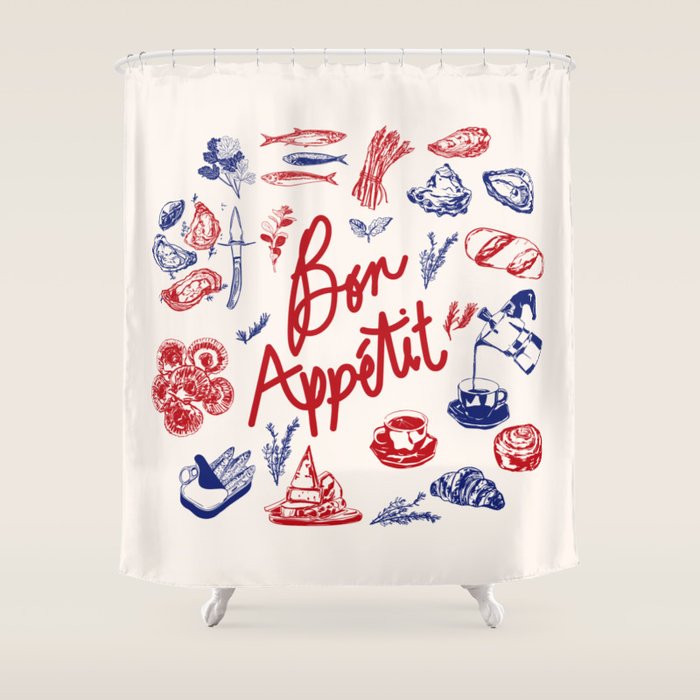 Bon Appetit Seafood and French Bread Handdrawn Gourmet Food Illustration Shower Curtain Gallery Image 1