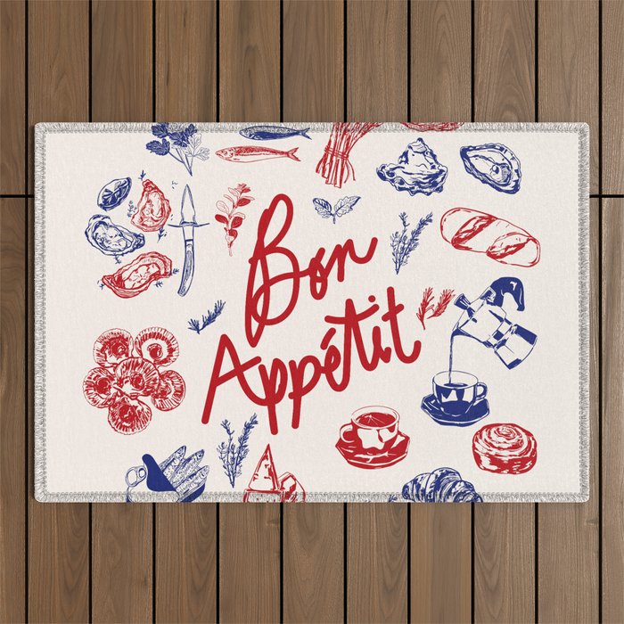 Bon Appetit Seafood and French Bread Handdrawn Gourmet Food Illustration Outdoor Rug Gallery Image 1